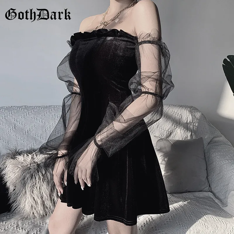 Goth Dark Mesh Vintage Gothic Dresses Egirl Estetisk Transpanent Rem Pläterad Klänning Chic Punk Hip Hop Grunge Emo Chic T200911