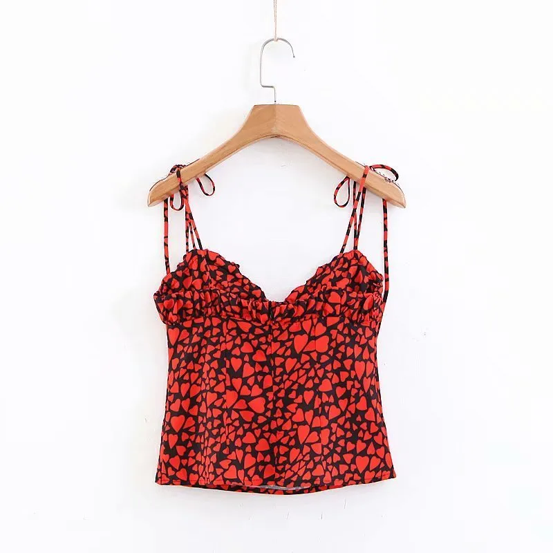 Boho Preto Vermelho Coração Cópia Crop Top Mulheres Backless Sexy Halter Cami Top Streetwear Bohemian Spaghetti Strap Sexy Tops Verão T200729