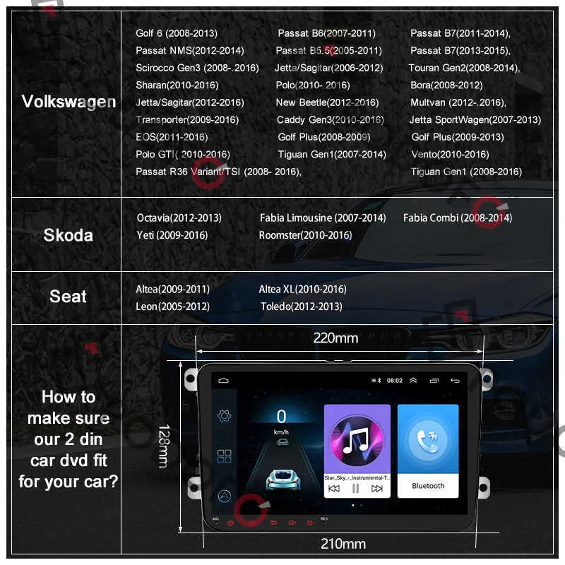 Android 8.1 2 Din Araba Radyosu Multimedya Oyuncu GPS Stereo Volkswagen Skoda Koltuğu Octavia Golf 5 6 Touran Passat B6 Polo