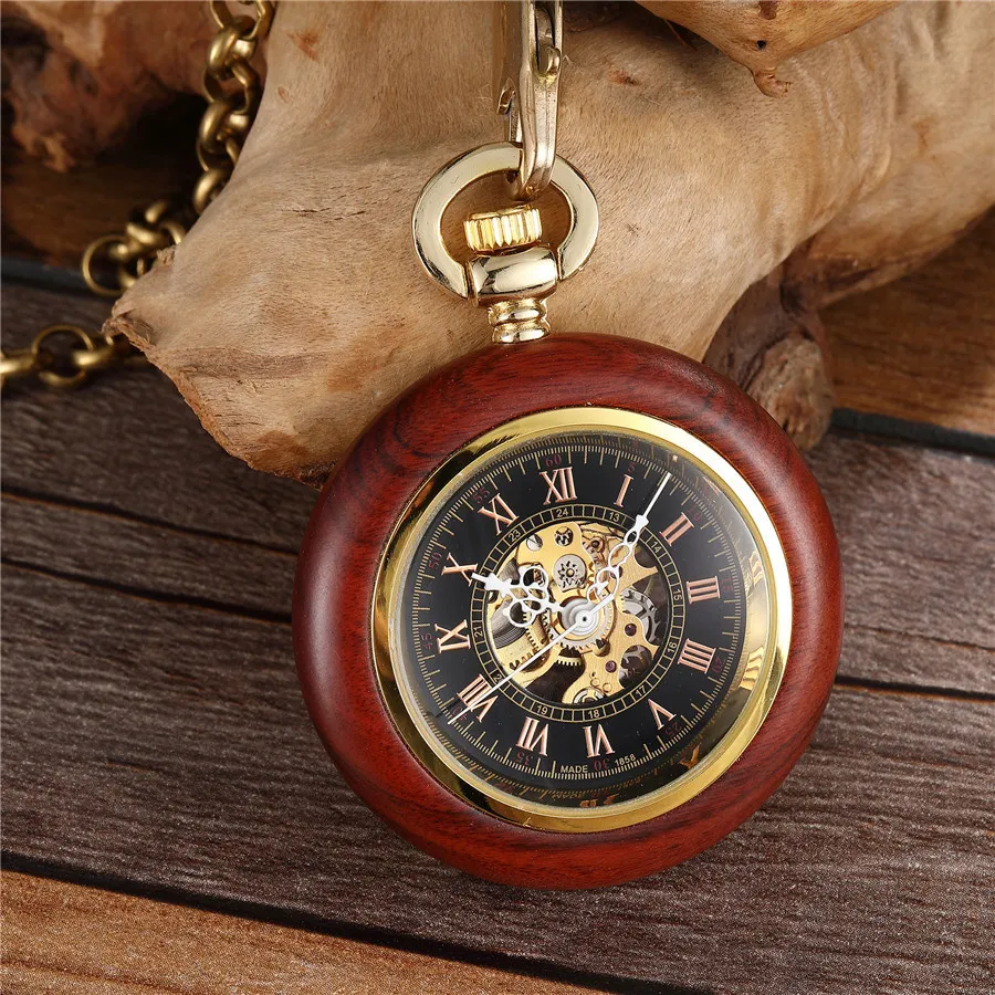 Montre de poche mécanique en bois rond de luxe rouge noir montre en bois remontage à la main squelette Fob montres hommes femmes horloge cadeaux Reloj T200502