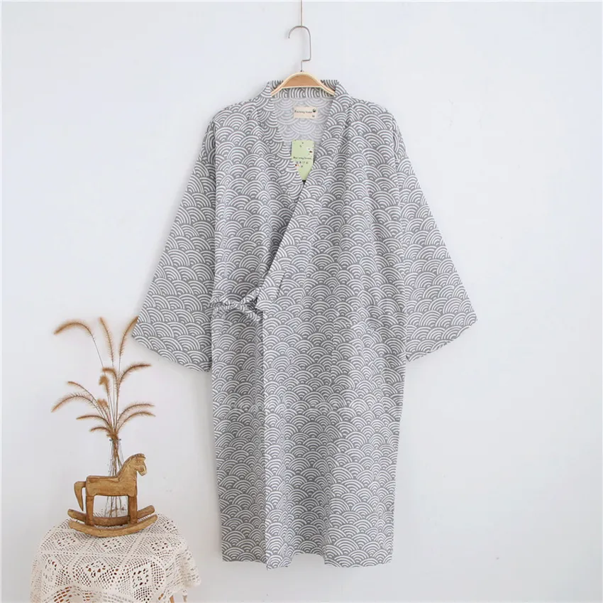 Kimono da uomo Accappatoio in cotone Sauna Pigiami da notte Pigiama Wave Print Vintage giapponese Yukata Sleepwear Vestibilità traspirante 201111