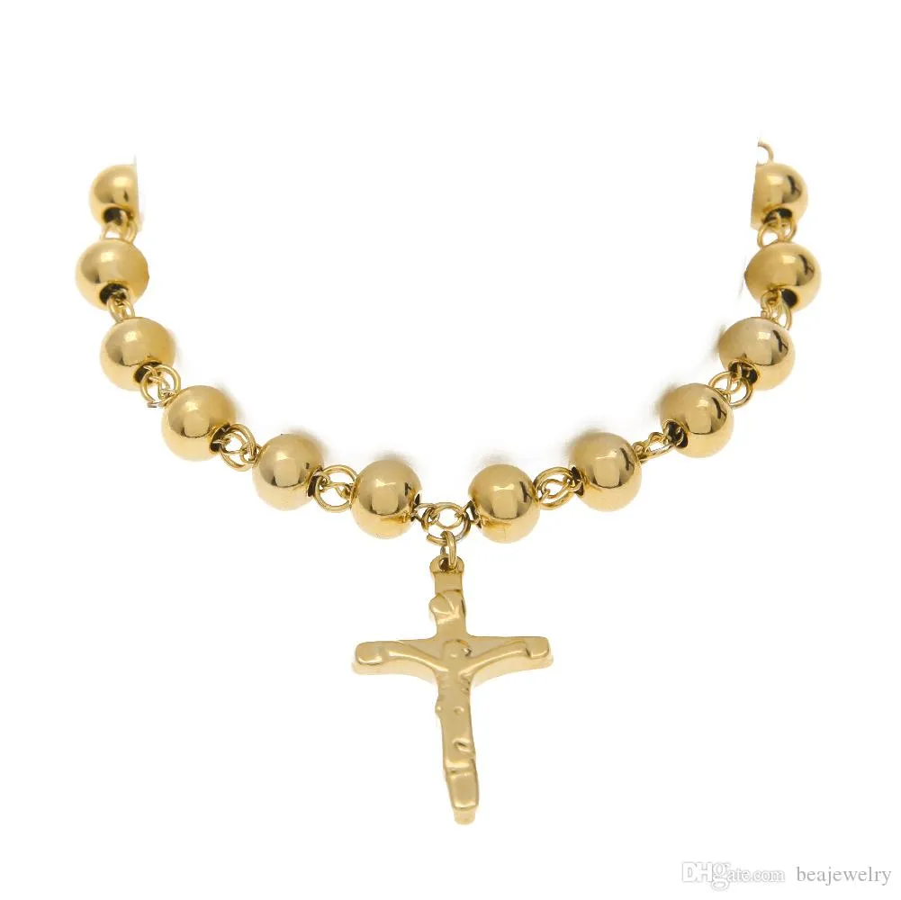 Unisex 14K Gold Plated Rosary Bead Bracelet Stainless Steel Cross With Jesus Charms Pendant Link Chain Religion Female pulseira