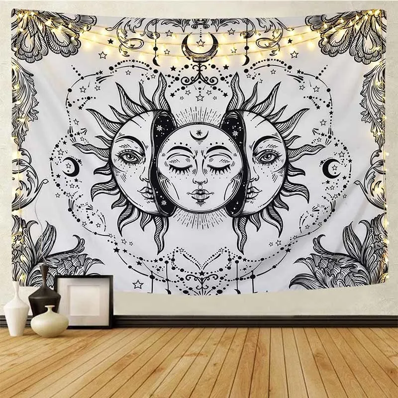 White Black Sun Moon Mandala tapestry vägg hängande hippie mattor sovsal dekor y200325