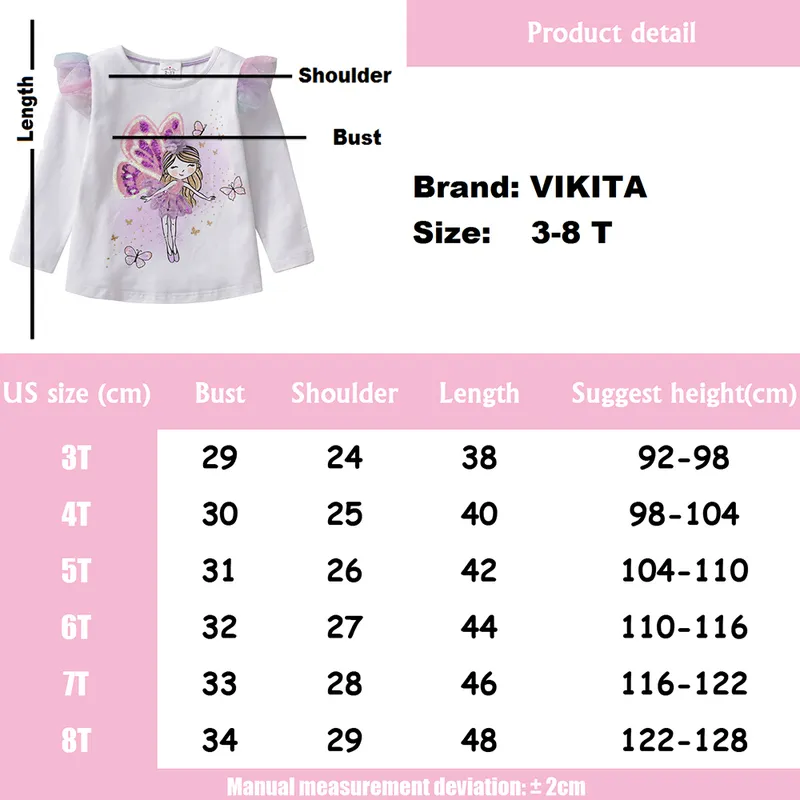 Vikita Kids T-shirt för flicka Barn Höst Vår Bomull Kläder Toddlers Långärmad Tecknad Sekvenser T-shirt Casual Toppar Tees 220216