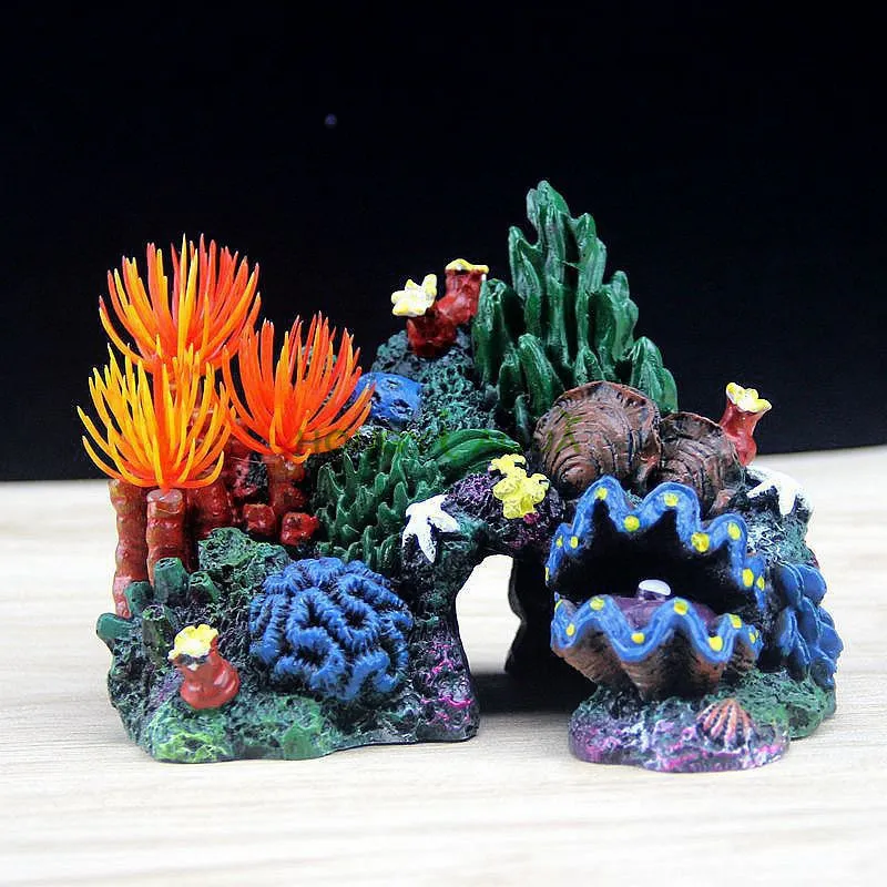 水槽の造園背景パッケージCoral Conch Shell Rockery Resin Water Grass Fake Tree Rium Decoration Supplies Y200917