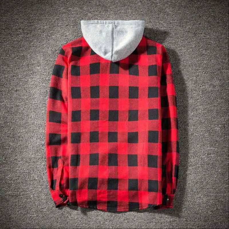 Mode Plaid Hooded Denim Shirt Slim Fit Hommes Chemises Habillées Check Plaid À Manches Longues Hommes Casual Shirt Bussiness Social Chemise G0105