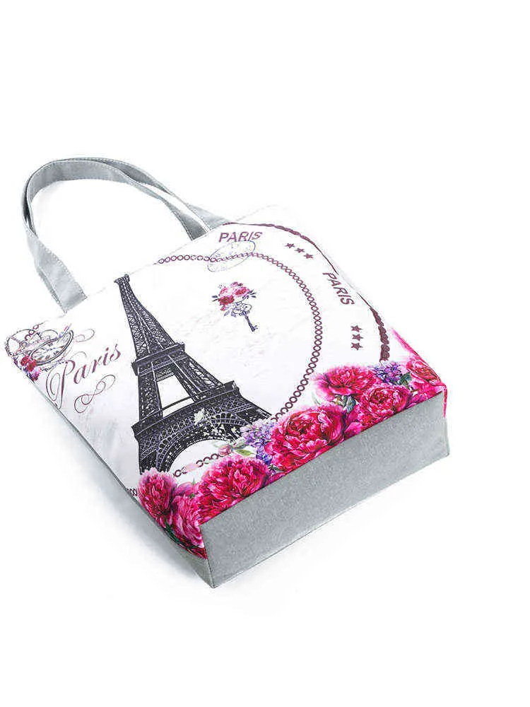 Evening Bags Fashion Art Trend Paris Tower Women's Eco Reusable Linen Building Printed Open Pockets Floral Shopping All Match 0119