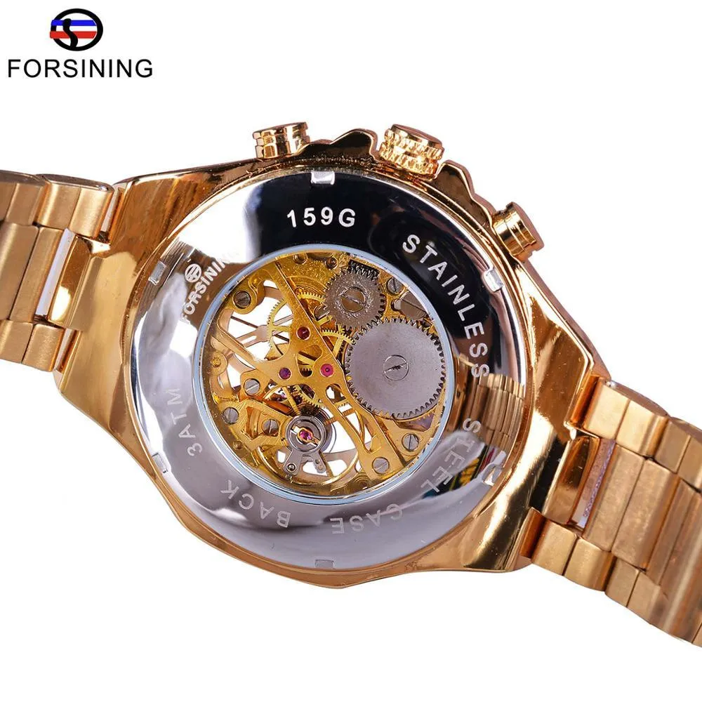 Forsining Roestvrij Staal Klassieke Serie Transparant Gouden Beweging Steampunk Mannen Mechanische Skeleton Horloges Topmerk Luxury219b