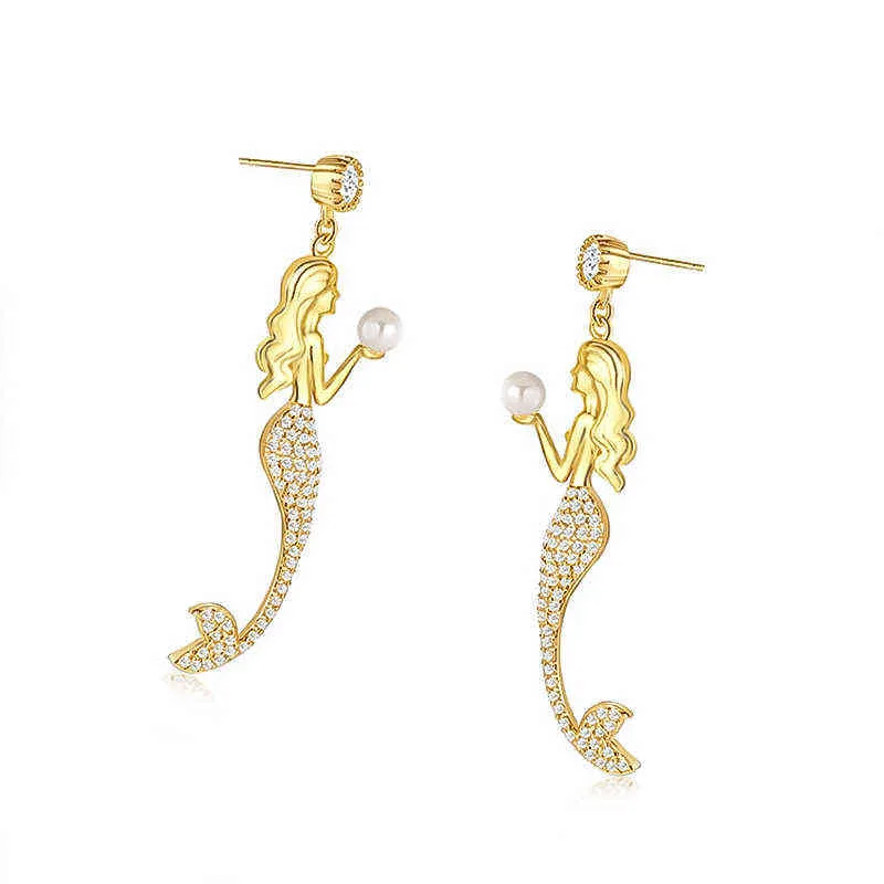 Leuke Cartoon Zeemeermin Kristal Fishtail Parel Eardrop Oorbellen Voor Vrouwen Oorstekers Met Lange Hanger 211231259T