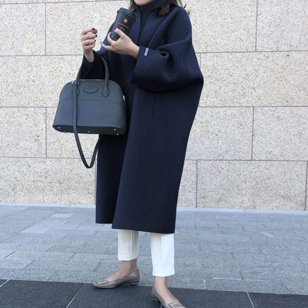 Minimalista coreano abrigo largo de gran tamaño mujeres otoño invierno mezcla de lana abrigo streetwear elegante chaqueta de lana femenina abrigo 201221