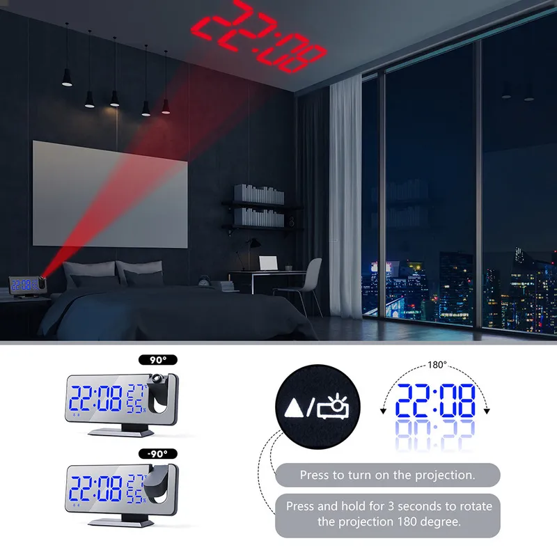Reloj despertador de proyección digital USB FM R Dimmer Timer Retroiluminación Proyector LED Wake Up con termómetro de temperatura 220311