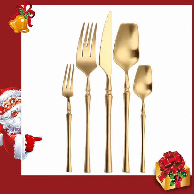 Cutlery Set Matte Gold Stainless Steel Dinnerwar Forks Spoons Knives Silverware 211228