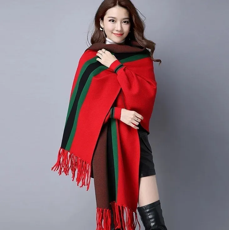 Shawl Winter Fashion Warm Striped Ponchos And Capes For Women Oversized Shawls And Wraps Cardigan Pashmina Female Bufanda Mujer Y2307y