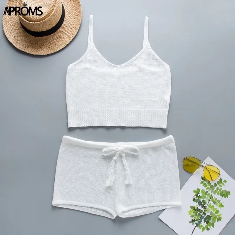 Aproms Boho White Knitted Crop Top and Shorts Women Elegant Set Summer Low Waist Beach Bikini Romper Female Outfit T200716