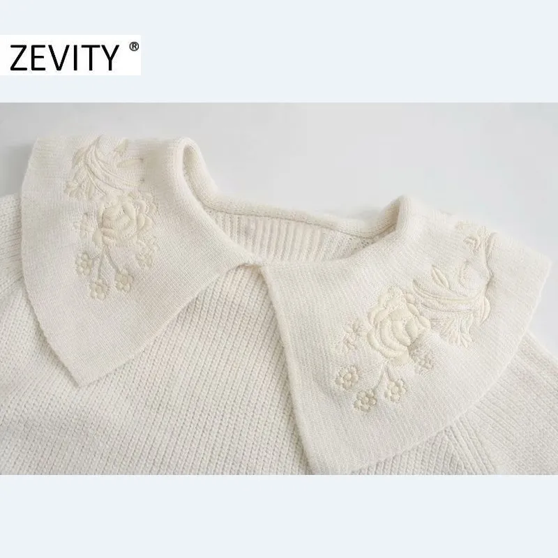 Zevity Mujeres Moda Flor Bordado Turn Down Collar Casual Knitting Sweater Mujer Chic Flare Manga Jerseys Tops S431 201221