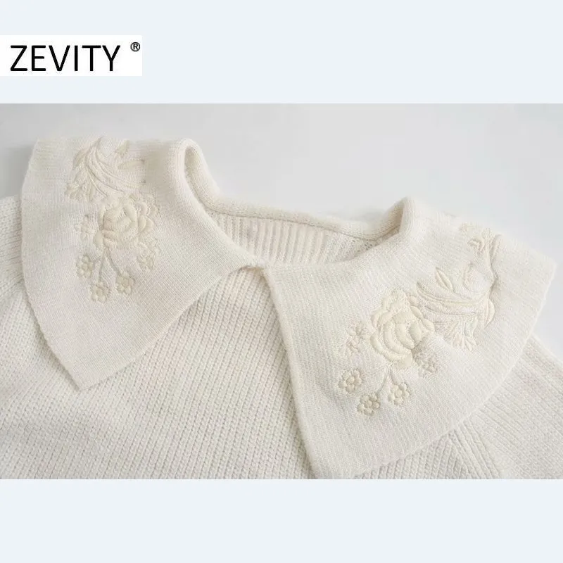 Zevity Women Fashion Flower Embroidery Turn Down Kollar Casual Knitting Seatermeyme Chicフレアスリーブプルオーバートップ