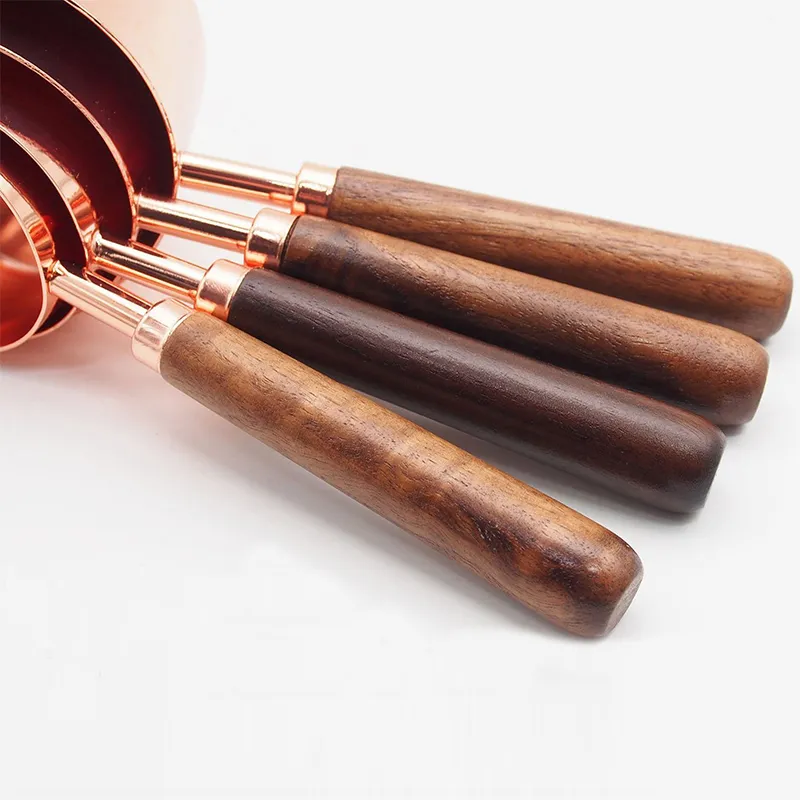 Amazon hot selling Stainless Steel Measuring Cups And Spoons Set With Walnut Handle For Measuring Baking Set Of 8 Rose Gold