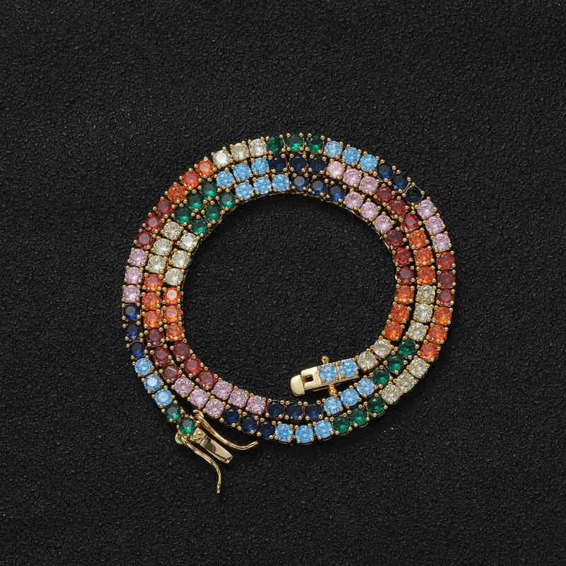 3 мм разноцветный камень, латунь, CZ, теннисная цепочка, ювелирные изделия в стиле хип-хоп, ожерелье с цирконом, Iced Out BC209
