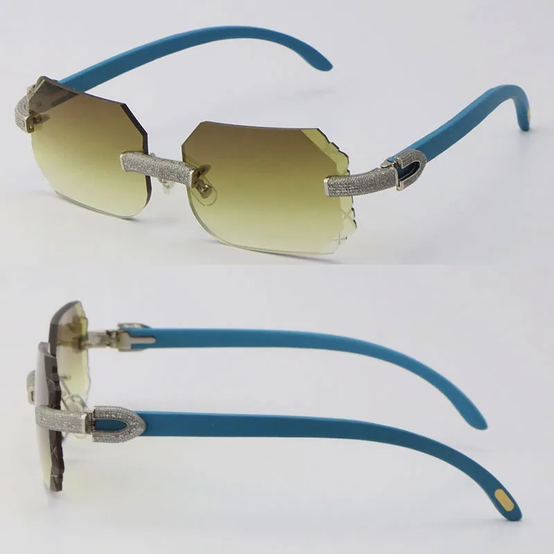 New Micro-paved Vintage wooden Rimless Luxury Diamond Set Sunglasses Blue Wood driving Sun Glasses Rocks Metal Frame Male and Fema206v