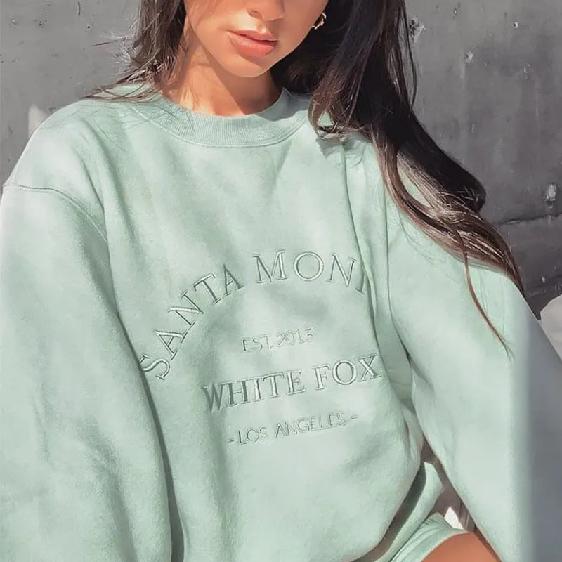 Carta Bordado Branco Crewneck Moletom Mulheres Inverno Tops Oversized Cool Girls Streetwear Moda Coreana Pulôver Casual 220217