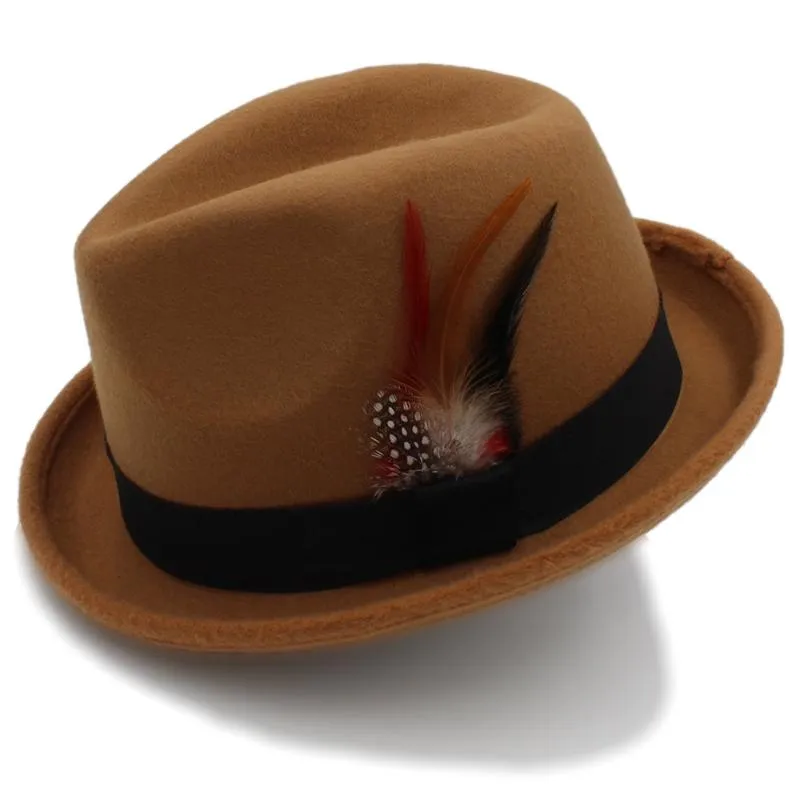 Skąpy brzeg kapelusze kobiety feminino mężczyzn poczuł fedorę kapelusz dla lady zima jesienna wełna wełniana homburg jazz feather1224o