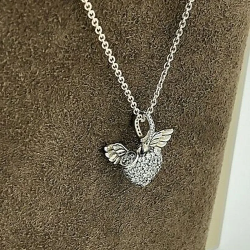 bijoux Collier Designer pandora Saint Valentin Pave Heart Angel Wings 925 Sterling silver Designer Collier pour femmes pendentif ensembles cadeaux d'anniversaire 398505C01