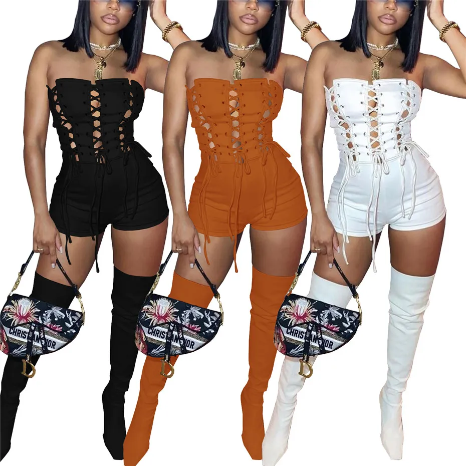 Women Jumpsuits 2022 Sexy Skinny Cross Lace Overalls Fashion Bodycon Playsuit Pullover Comfortable Clubwear Selling Clothing K8736