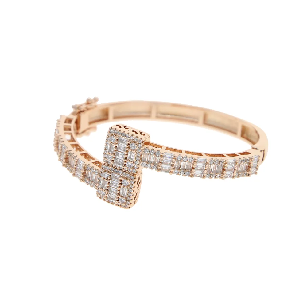 New Hip Hop Gold Sier Color Opened Square Zircon Charm Bracelet Iced Out Bling Baguette CZ Bangle for Men Women Jewelry