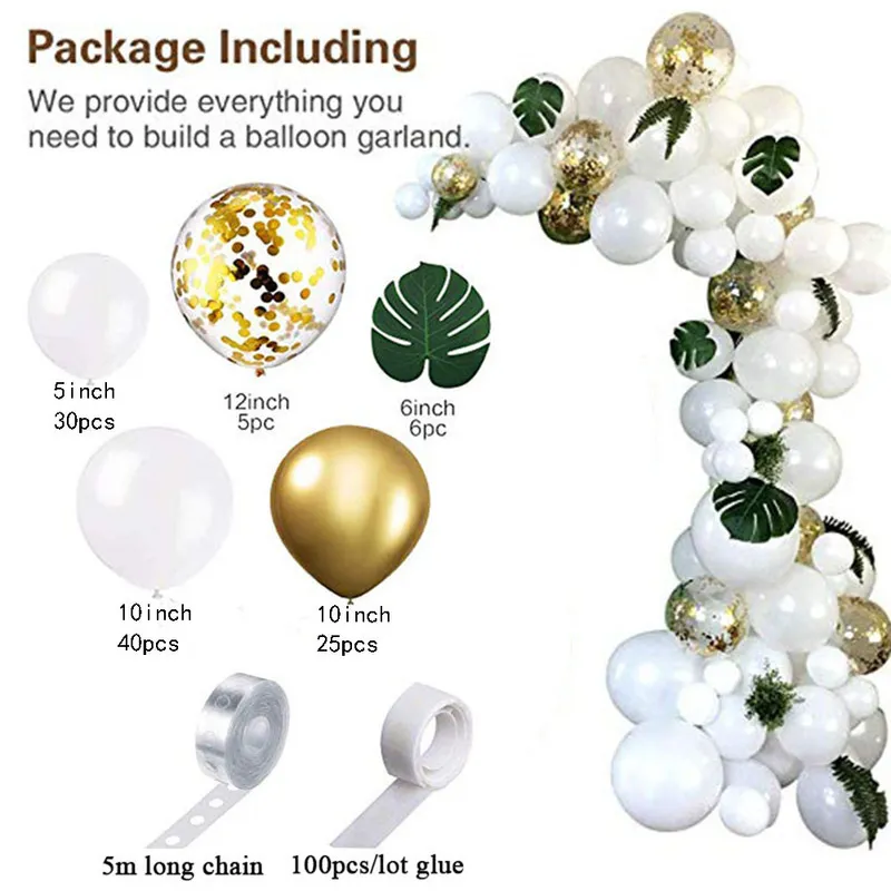 White Balloon Garland Arch Kit, Gold Confetti Balloons Artificial Palm Leaves Bröllopsfödelsedagsdekorationer 220225