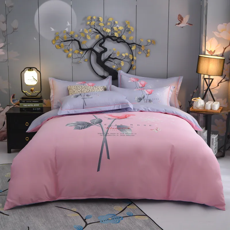 Tulip Lily Floral 100% coton Ensemble de literie super doux Fleurs vibrantes Housse de couette Drap de lit plat Housse de couette Taies d'oreiller T200706