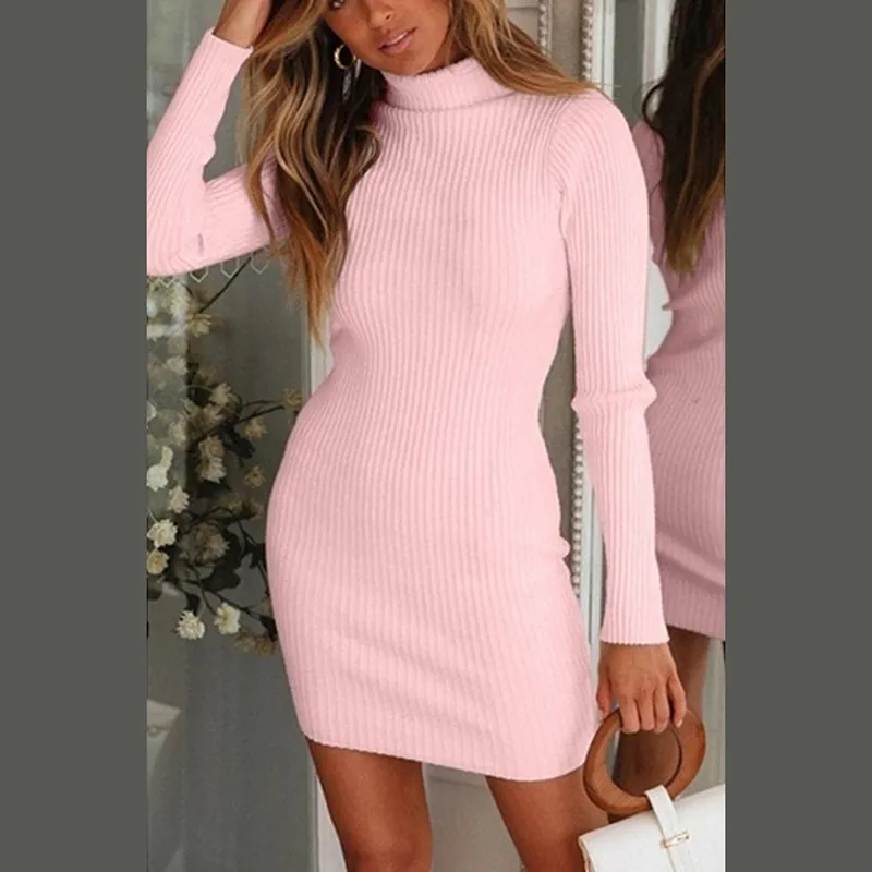 Herfst winter warme mouwen vrouwen gebreide trui jurk roze coltrui truien truien trui jumper vrouwelijke kleding y0118