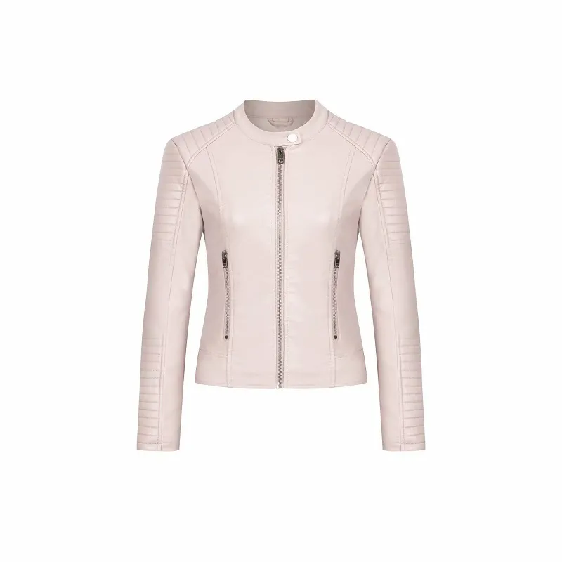 Stylish Chic White Pu Leather Jacket Autumn Fashion Women randig långärmare Jacka Coat Casual High Street Ytterkläder Y2010065232550