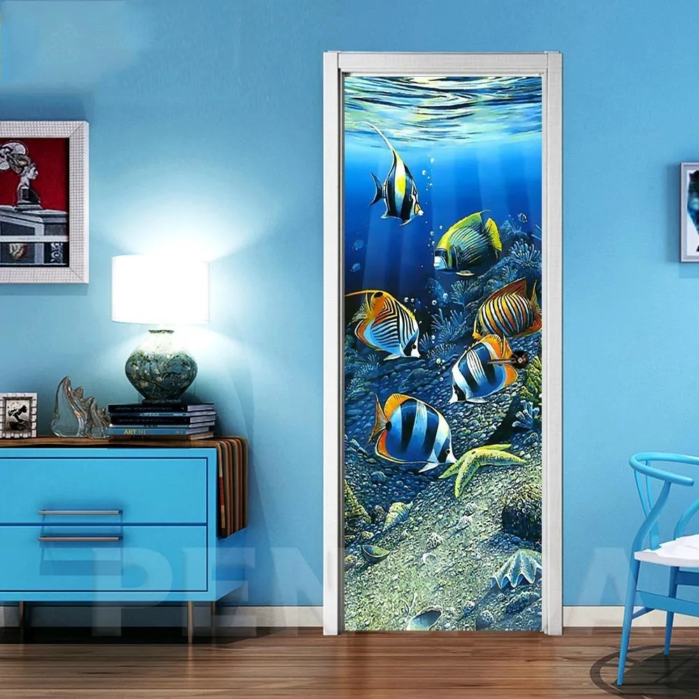 3D autocollant d'art mural auto-adhésif sur la porte du monde de fond de poisson nouvel autocollant pour la décoration de la porte de la maison rénovation impression toile photo T200331