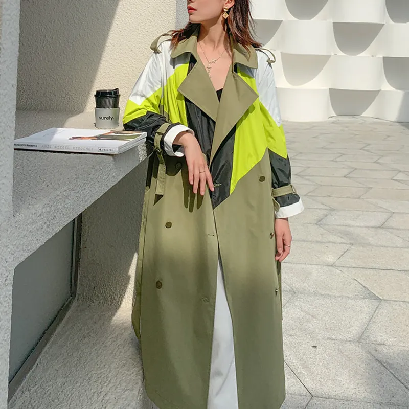 DEAT Autumn Fashion Trench Coat Women Hit Color Full Sleeve Lapel With Sashes Slim Long Length Elegant Wild HT034 201030