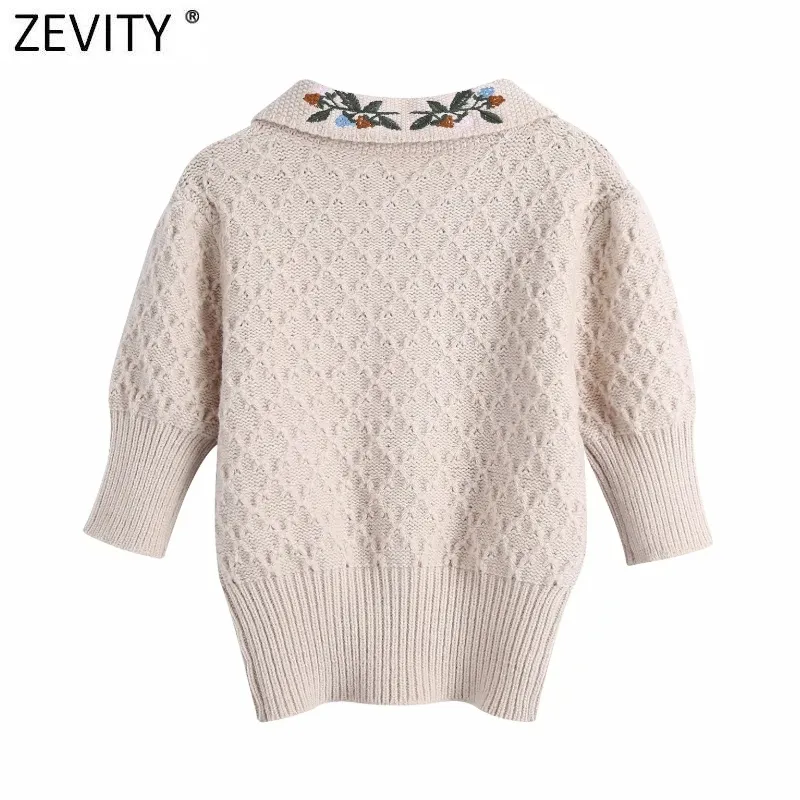 Zevity New Women Vintage Ambroidery Rown Twalr Carual Short Knitting Sweater Ladies Puff Sleeve Chic Pullovers Tops S519 210203