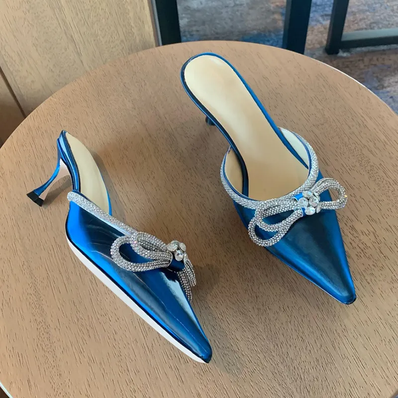 Slippers Fashion Mirage slippers MACH Rhinestone bow crystal decorative women sandal Luxury designer 6.5CM Middle heel shoes Genuine Leather sole