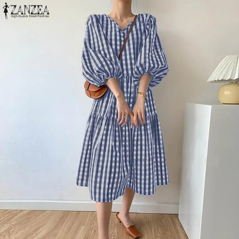 Şık Yaz Kontrol Orta Buzağı Elbise Zanzea Kadın Puf Kollu Sundress Vestidos Kadın V Boyun Rahat Robe Femme Artı Boyutu 5XL 7 Y0118