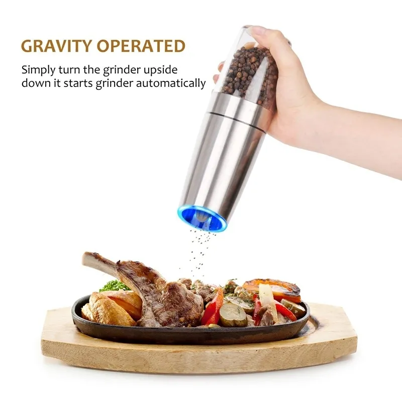 Gravity Electric Salt and Pepper Malders Set - Batteridriven rostfritt stål Automatiska pepparfabriker med blått LED -ljus T2003174J