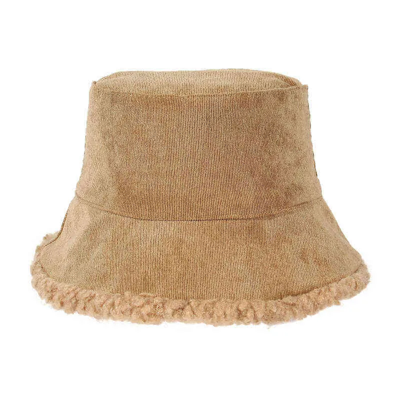 冬のバケツの帽子女性の温暖化パナマの帽子のふわふわのコルディュロイの両側の服屋外の漁師の帽子の帽子Y220301