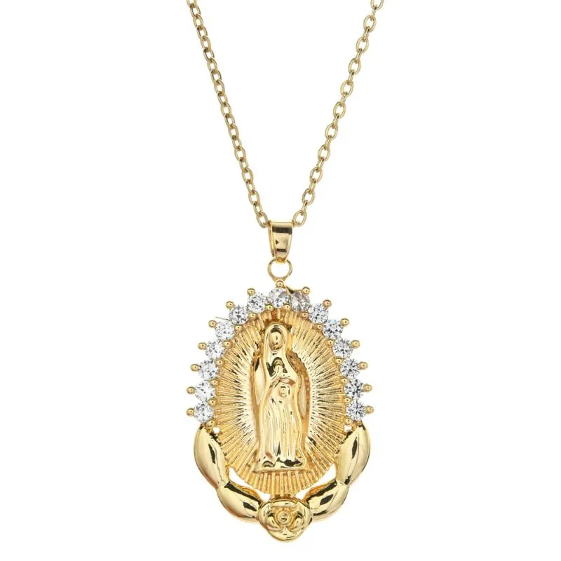 Collana con ciondolo Vergine Maria donna Colore oro CZ Cristallo Gioielli in acciaio inossidabile Catena intera Colar Croce Regalo alla moda254W