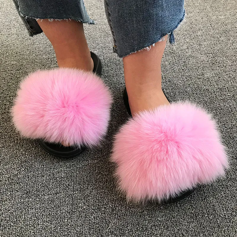 Plush Slipper Raccoon Fur Fluffy Slides House Shoes Ladies Fashion Real Fur Furry Bedroom Slippers Outdoor VT1417 Y201026