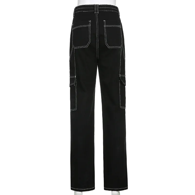 Weekeep Pockets Patchwork Baggy Jeans Fashion Streetwear 100% Cotton Women Denim Trouser Loose Cargo Pants Korean Harajuku 220224
