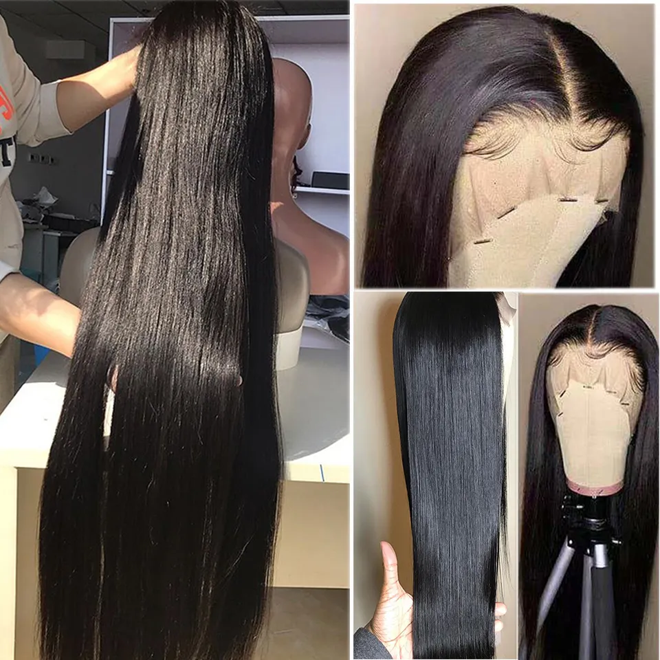 Remy Baby Hair Pre Arrancado 13x6 HD Adhesive Free Transparent Lace Front Wig 40Inch Bone Straight Human Hair Front Wig Brazilian Straight Hair 4x4 5x5 6x6 Closed Wig