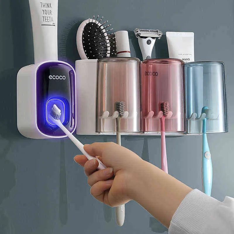 Ecoco acessórios para banheiro, dispensador automático de pasta de dente, conjunto de suporte de escova de dentes para casa, rack de armazenamento de montagem na parede 22292w