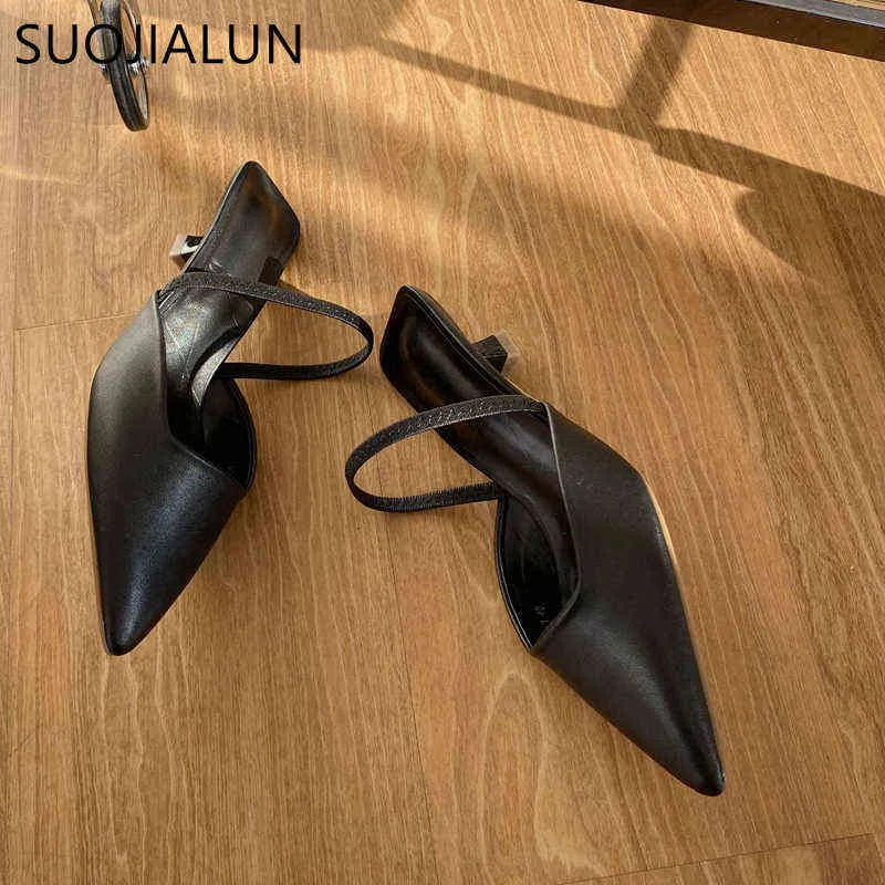 Sapatos de vestido Suojialun Spring Slingback Sandálias Bombas de salto baixo Senhoras elegante gatinho mules apontado toe deslizamento em 220303