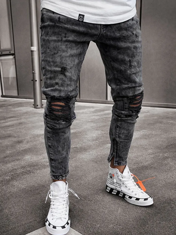 Men's Sweatpants Sexy Hole Jeans Pants Casual Foot zipper Male Ripped Skinny Trousers Black Biker Pencil Long Pants 220314