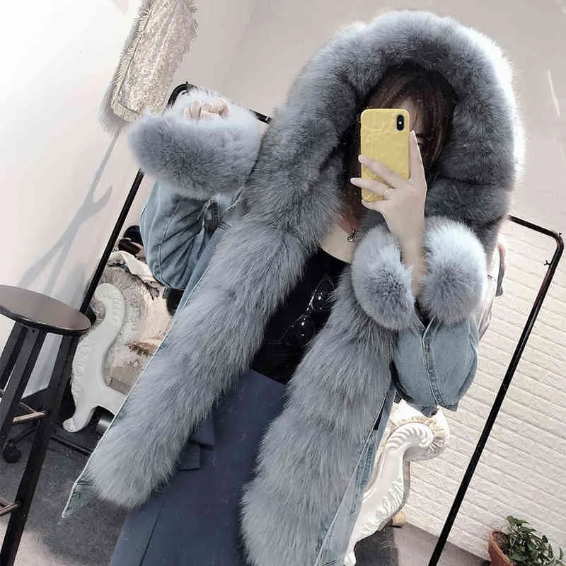 Winter Women Natural fur big collar Coat Denim loose fashion Fur detachable Rabbit lining Parka Leather Jacket 211216