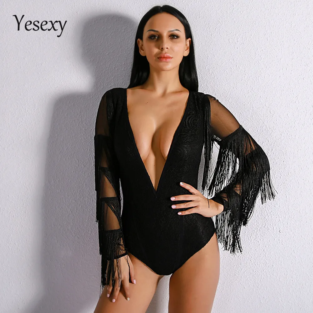 Yesexy 2020 Summer Sexy Sexy DeepV Solid Color Tassel女性ボディースーツ長袖プレイスーツVR8917 T200704