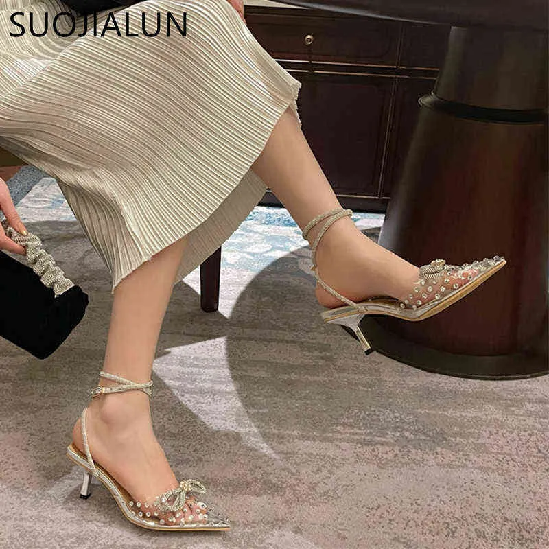 Dress Shoes SUOJIALUN Fashion Brand CRYSTAL Silver Women Sandal Thin High Heel PVC Transparent Ladies Elegant Pumps Slides 220303