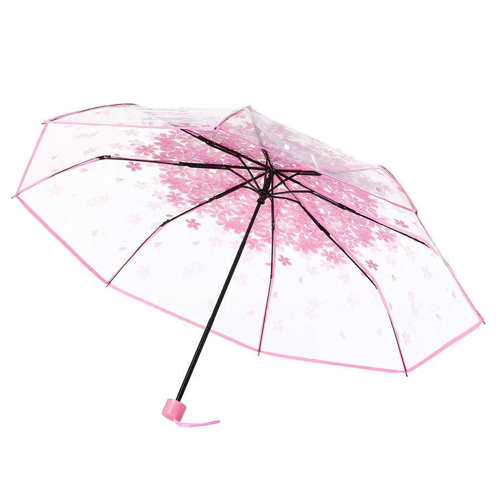Regenausrüstung Transparenter klarer Regenschirm Kirschblütenpilz Apollo Sakura 3-fach Regenschirm Regen Frauen winddicht Mini UV Sunny 201112